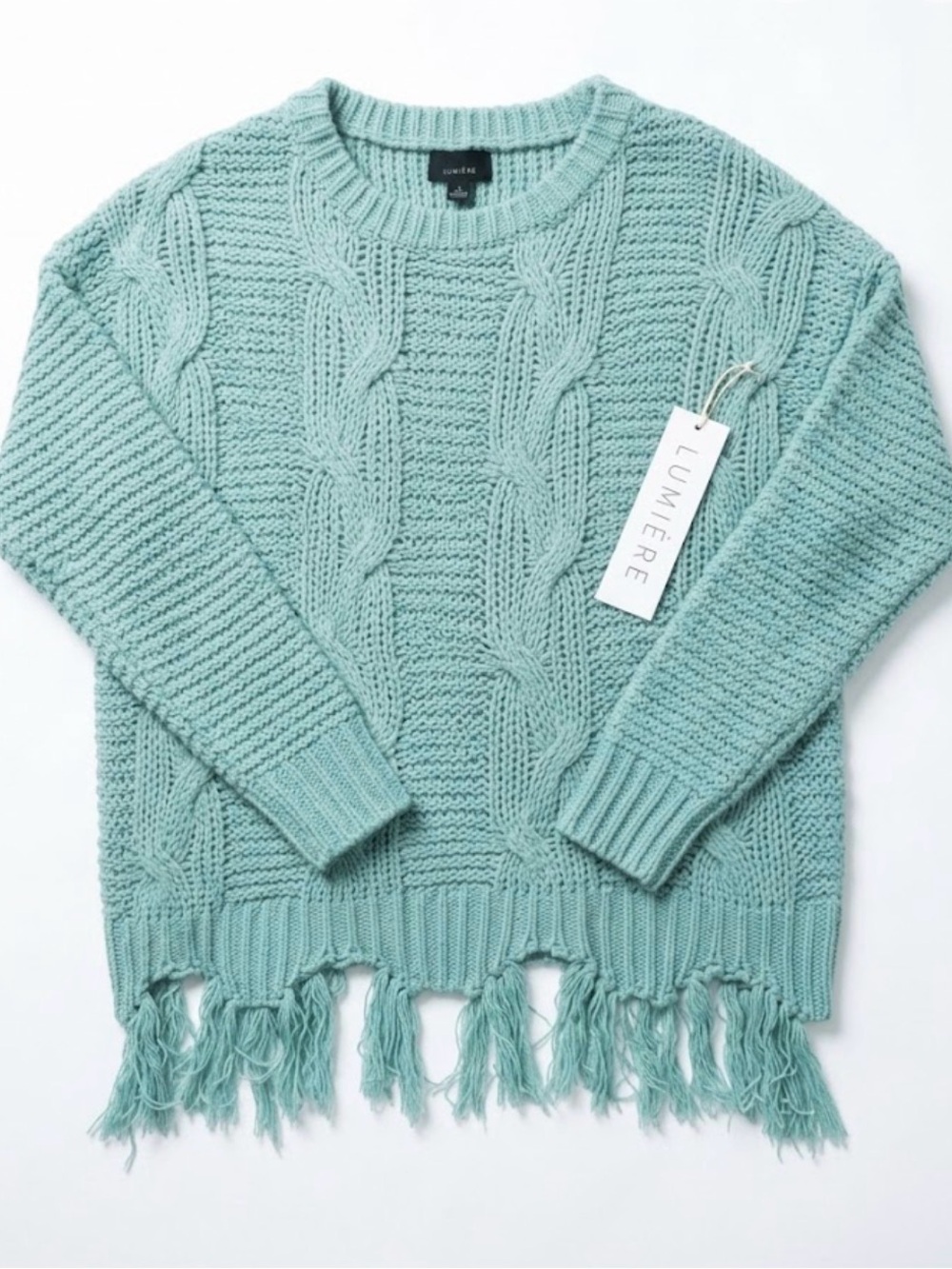 NWT - Lumière Sage Green Cable-Knit Fringe Hem Sweater -Size Large